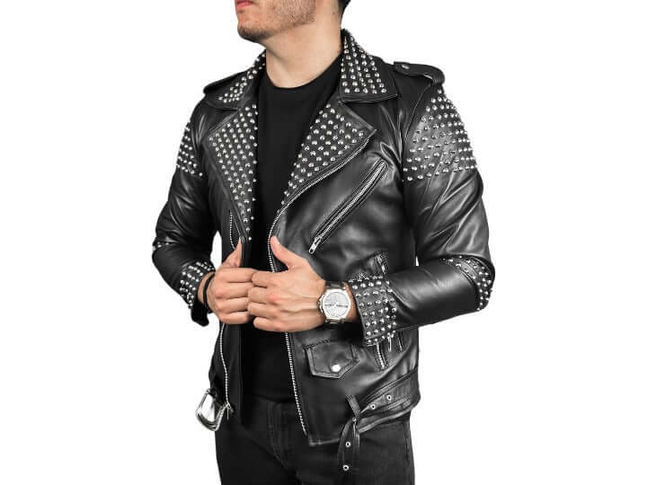 Men Silver Studded Jacket Black Punk Silver Spiked Leather Belted Biker Jacket