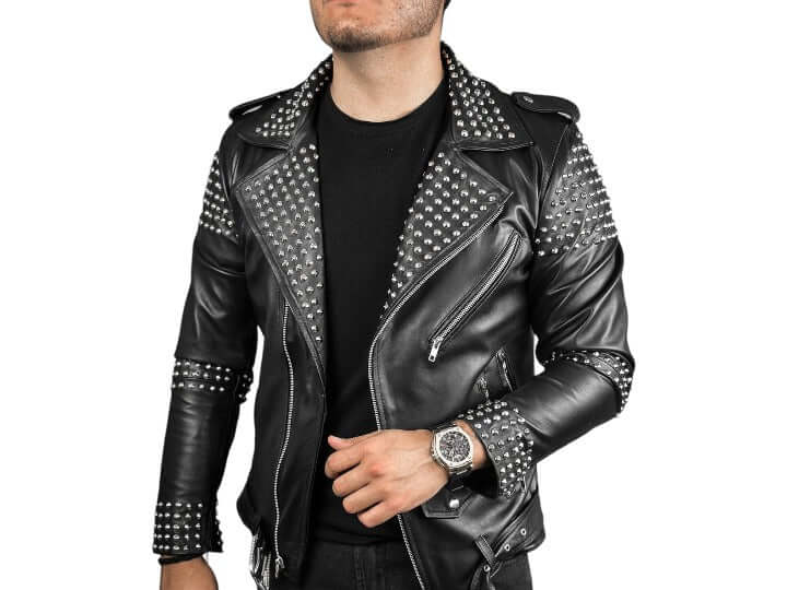 Men Silver Studded Jacket Black Punk Silver Spiked Leather Belted Biker Jacket