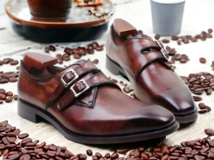 Men's Cordovan Color Leather Shoes,Handmade Double Buckle Shoes,Party Wear Shoes