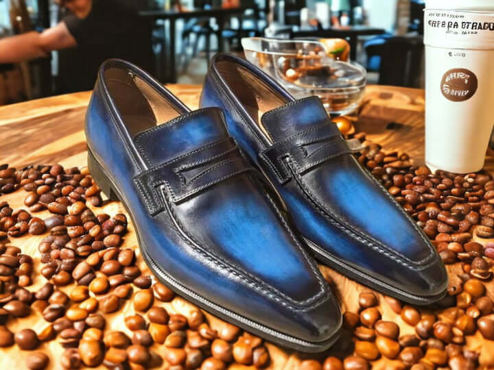 Handmade Men's Blue Two Tone Penny Loafer Shoes, Square Toe Shoes, Moccasin Shoes