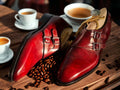 New Classic Burgundy Leather Shoes, Double Buckle Shoes, Men's Plain Toe Leather Shoes