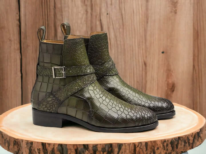 Men's Olive Green Alligator Jodhpurs Boot, Hand Painted Boot, Party Wear Boot