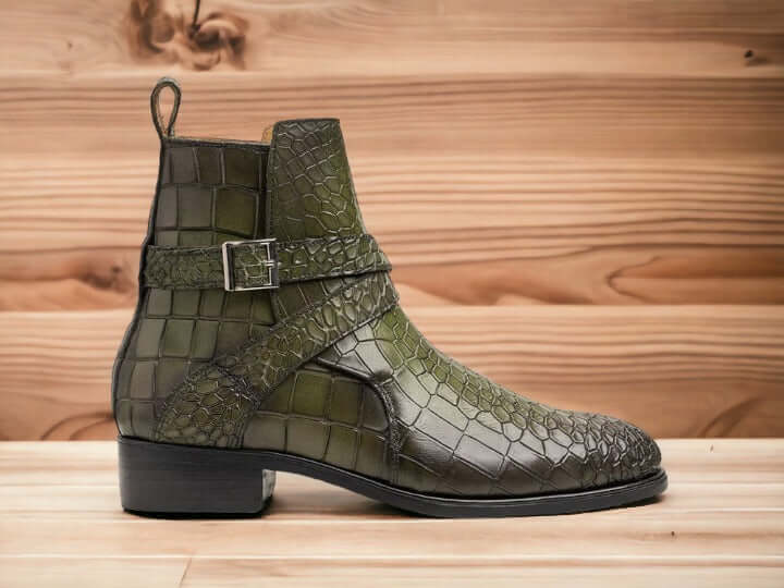 Men's Olive Green Alligator Jodhpurs Boot, Hand Painted Boot, Party Wear Boot