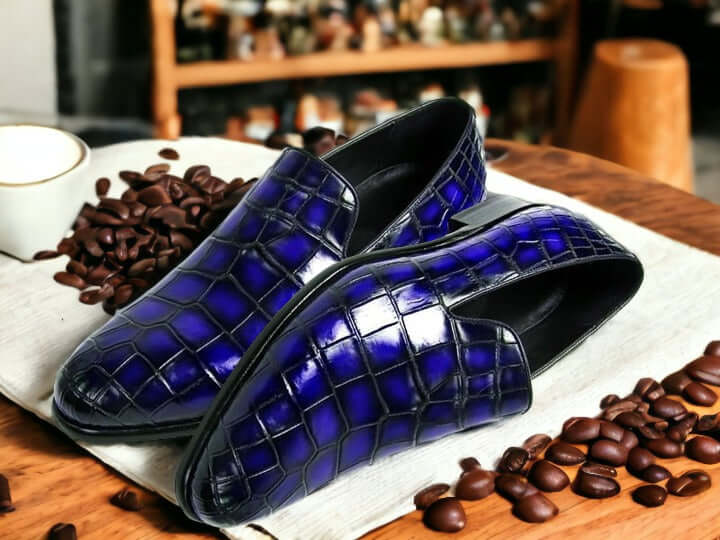 Handmade Blue Crocodile Texture Slip On Loafer Shoes