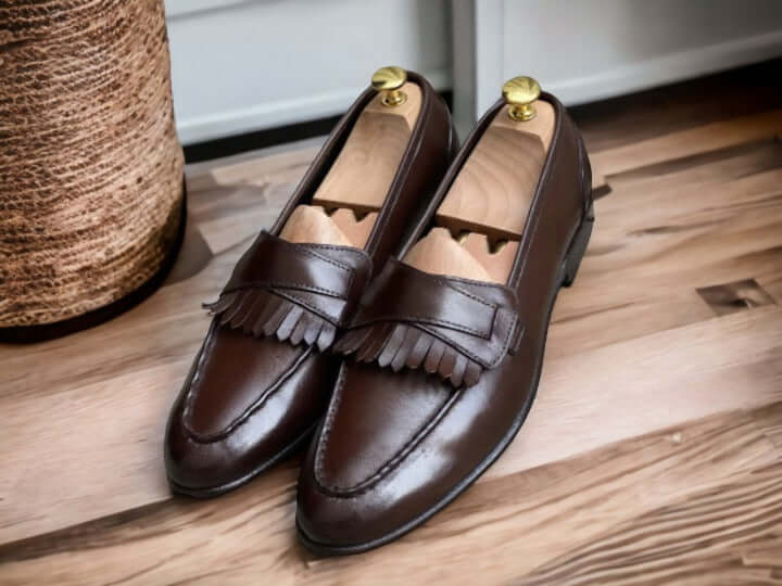 Handmade Chocolate Brown Fringe Penny Loafer Shoes, Leather Shoes, Loafer Shoes