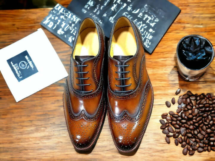 Handmade Men Wing tip Brogue, Oxford Leather Brown Color Shoes - Luxury Shelfs