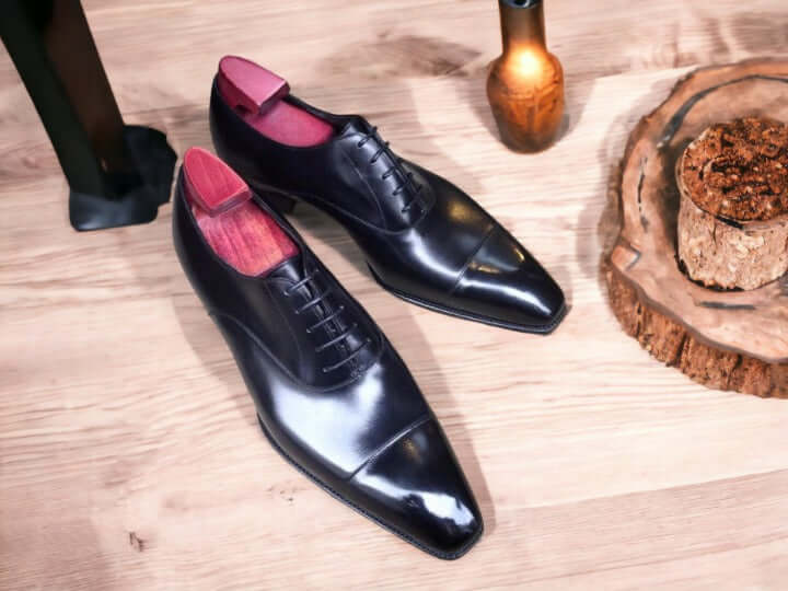 Handmade Black Leather Oxford Dress Shoes, Men's Lace up Formal Wear Office Shoes