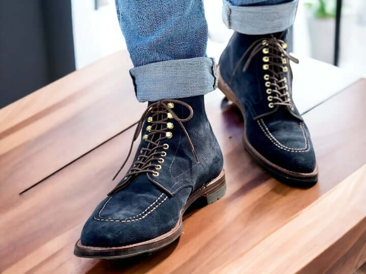 Men's Blue Denim Suede Boot, Handmade Boot, Lace Up Boot, Formal wear Boot