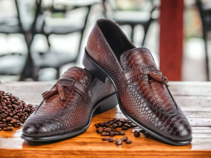  Handmade Genuine Brown Python Leather Shoes, Men's Slip On Moccasin Loafer Tussle Shoes