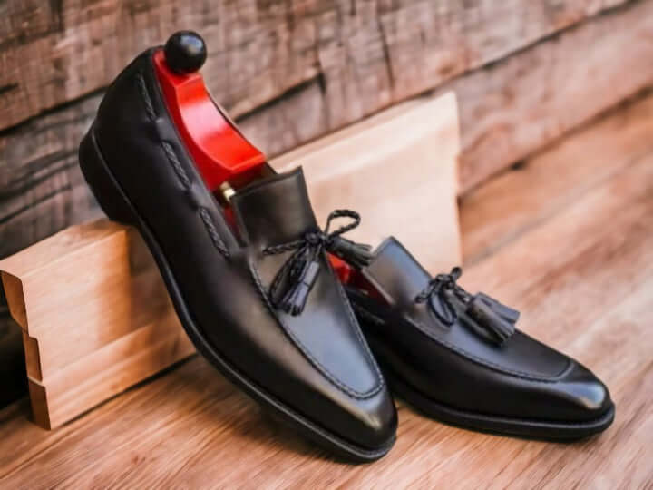 Men's Pure Genuine Black Leather Shoes, Slip On Casual Shoes, Handmade Shoes