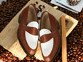 Men's Brown White Penny Loafer Shoes, Handmade Round Toe Shoes, Slip On Moccasin Shoes