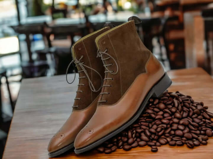 New Men's Ankle High Brown Suede Boot, Stylish Brogue Leather Boot, Hand Stitched Boot