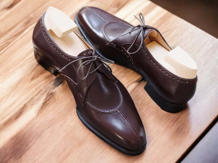 Handmad Cordovan Color Split Toe Lace Up Leather Shoes, Dress Shoes, Men's Office Shoes