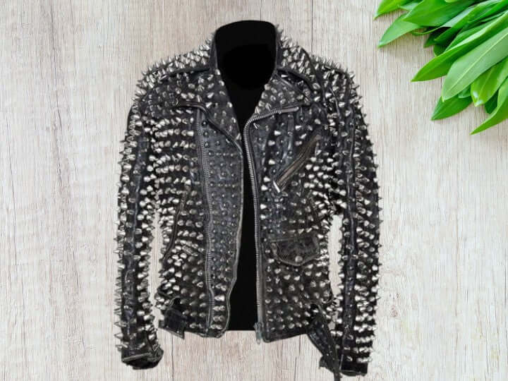 Handmade Pure Genuine Studded Leather Jacket, Black Jacket With White Studs For Men's