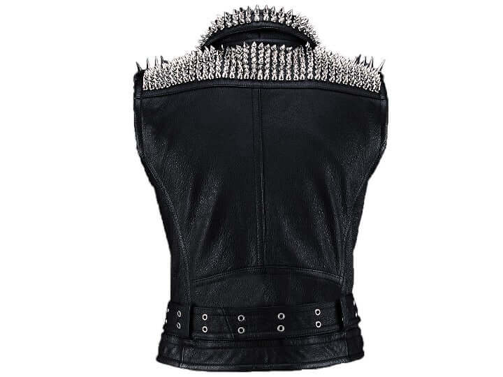 Men Belted Black Leather Vest, Men Biker Studded Jacket