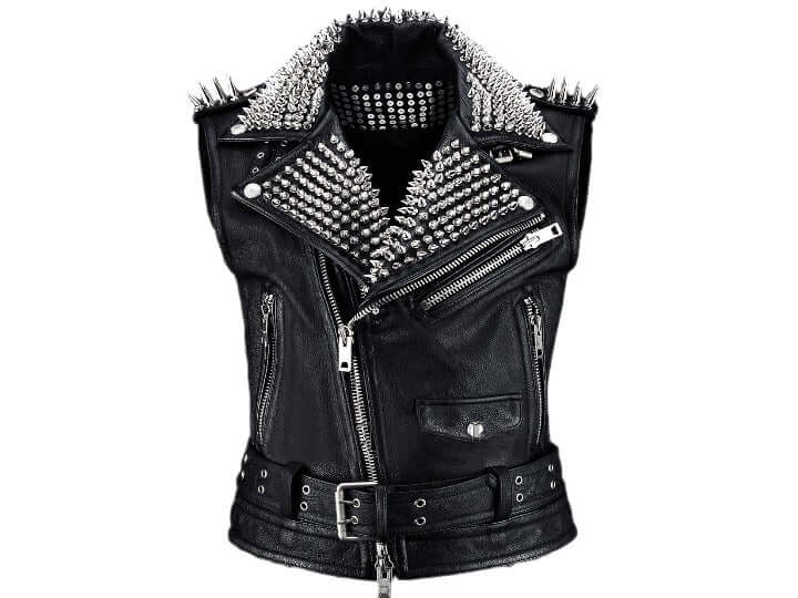 Men Belted Black Leather Vest, Men Biker Studded Jacket