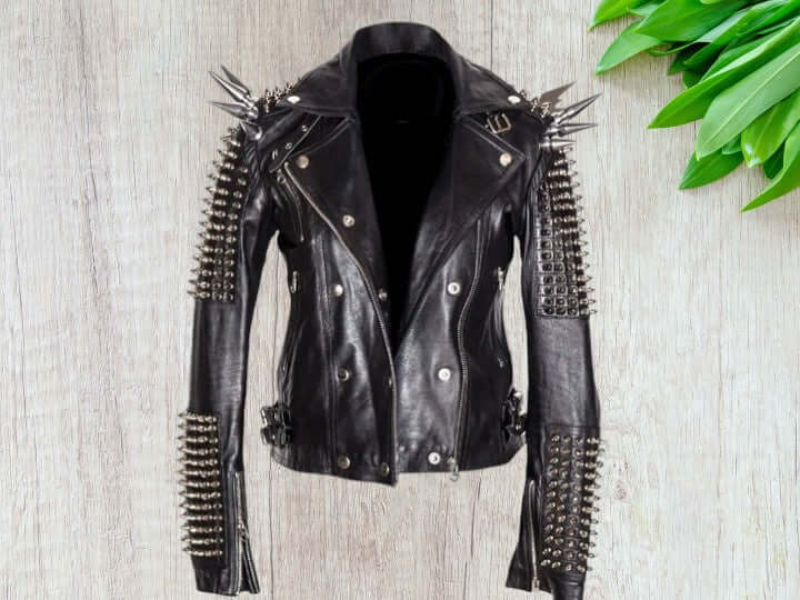 Men Silver Studded Long Spiked Jacket Leather Black Rock Punk Style Jacket