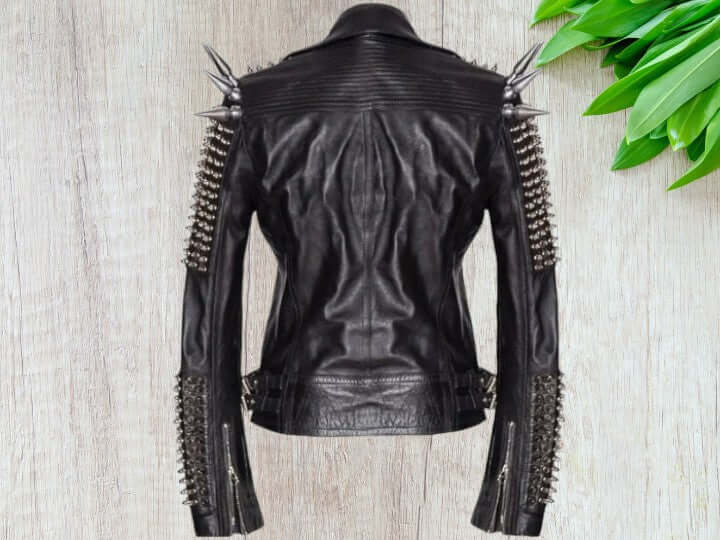 Men Silver Studded Long Spiked Jacket Leather Black Rock Punk Style Jacket