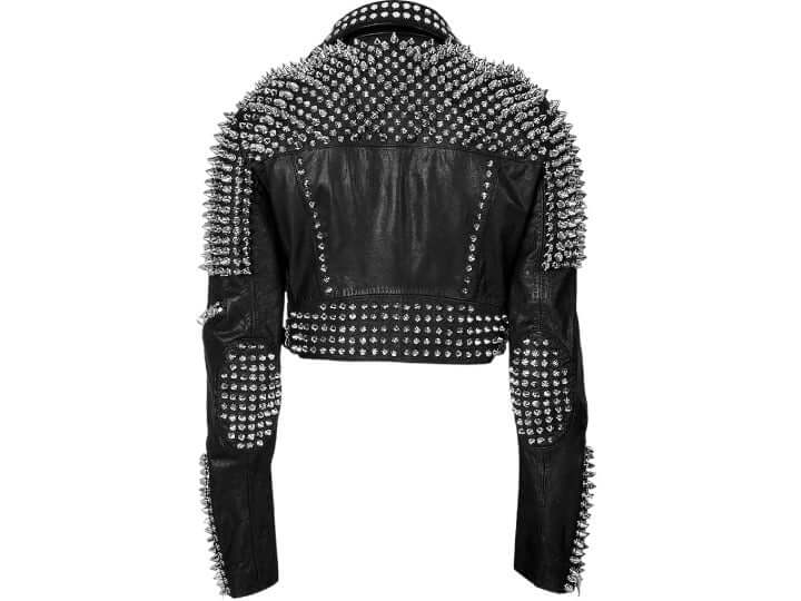 Women Black Leather Rock Women Steam Punk Style Studded Biker Jacket Silver Long Studs