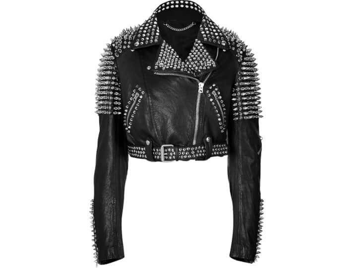 Women Black Leather Rock Women Steam Punk Style Studded Biker Jacket Silver Long Studs