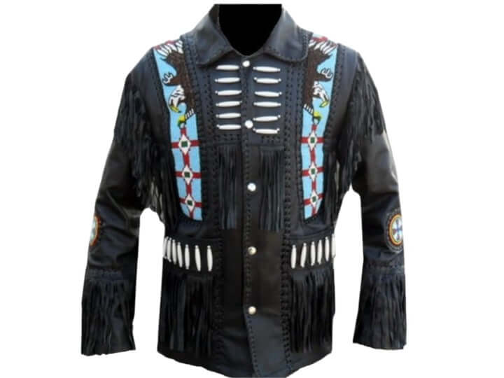 New Men's Western Leather Jacket, Black Cowboy Fringe Leather Button Jacket