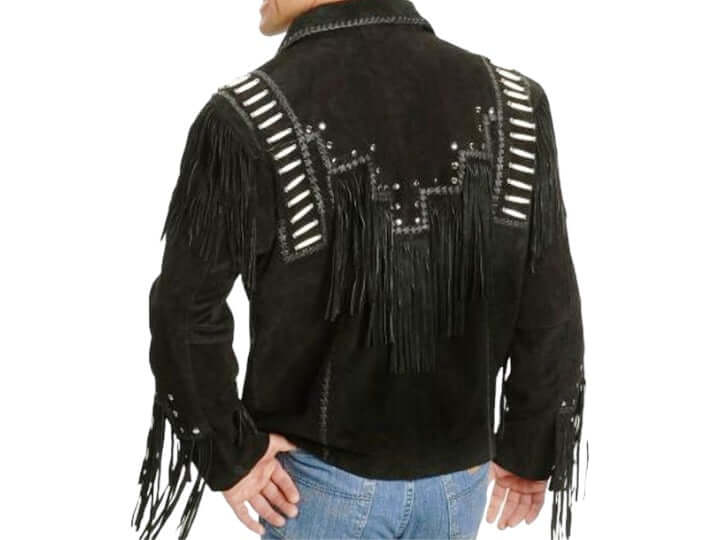 Handmade Men's Western Suede Jacket, Black Cowboy Leather Fringe Jacket