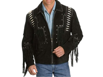 Handmade Men's Western Suede Jacket, Black Cowboy Leather Fringe Jacket