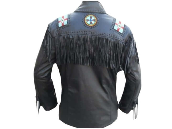 New Men's Western Leather Jacket, Black Cowboy Fringe Leather Button Jacket