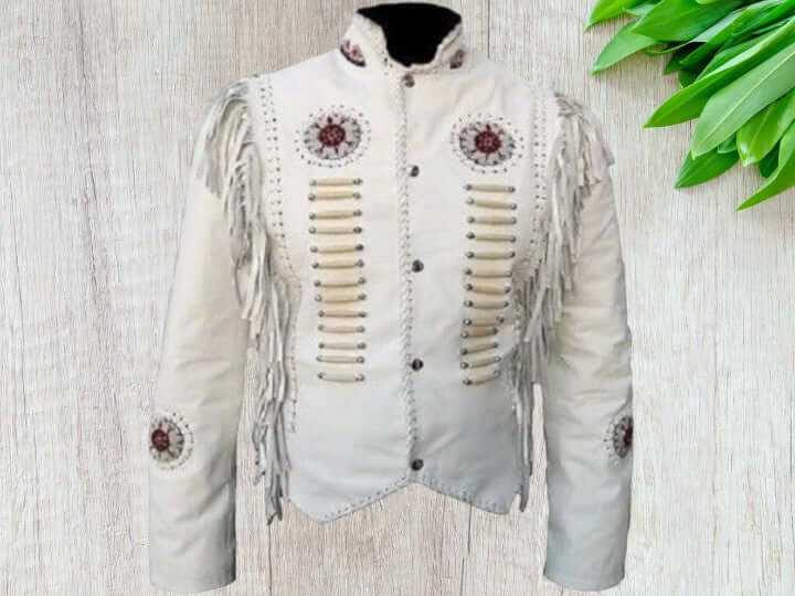 Handmade Pure White Leather Jacket, Fringe Cow Boy Western Jackets For Men's