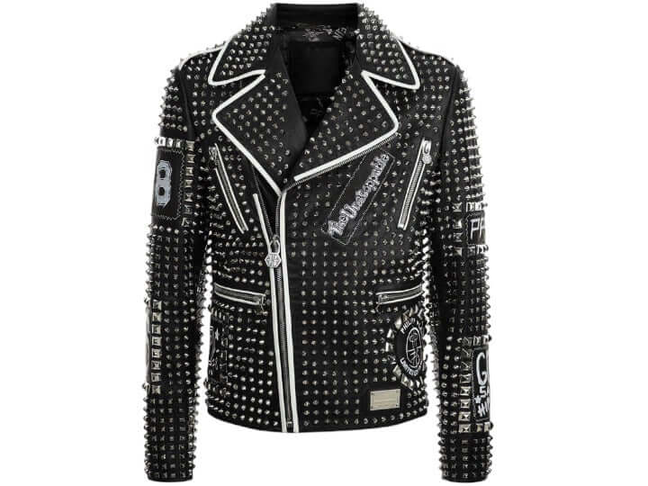 Men's Studded Leather Zipper Jacket,Handmade Black Silver Studded Jacket 