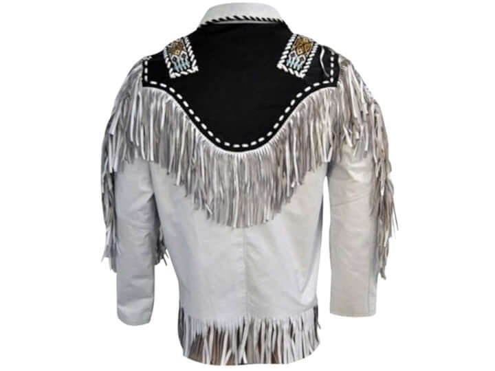 Handmade Pure Black&White Leather Fringe Jacket, Cow Boy Western Leather Jacket