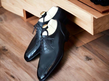 Men's Handmade Black Leather Lace Up Brogue Shoes, Oxford Shoes