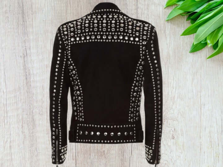 Handmade Black Studded Leather Jacket, Men's Zipper Jacket, Black Jacket With White Studs