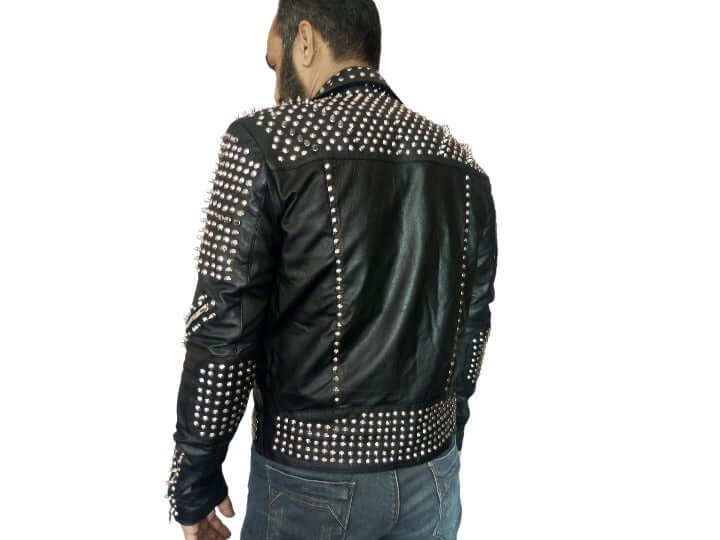 Handmade Black Color Silver Studded Leather Jacket, Men's Zipper Jacket