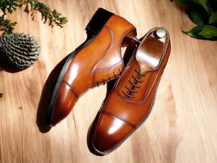 New Men's Hand Painted Brown Cap Toe Lace Up Shoes, Leather Shoes, Men's Oxford Shoes