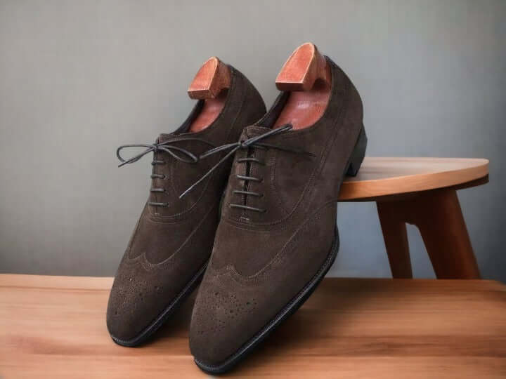 Handmade Dark Brown Suede Lace Up Shoes, Men's Oxford Wing Tip Shoes