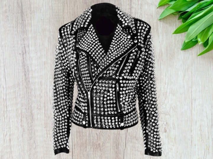 New Men's Black Hand Painted Studded Zipper Jacket