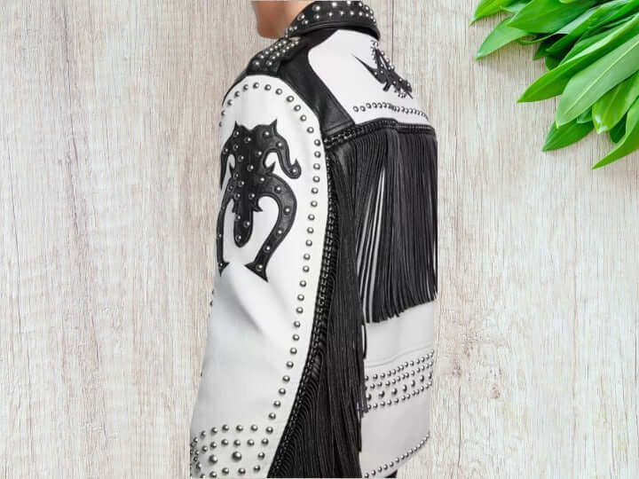 Men Two Tone Biker Studded White Leather Jacket