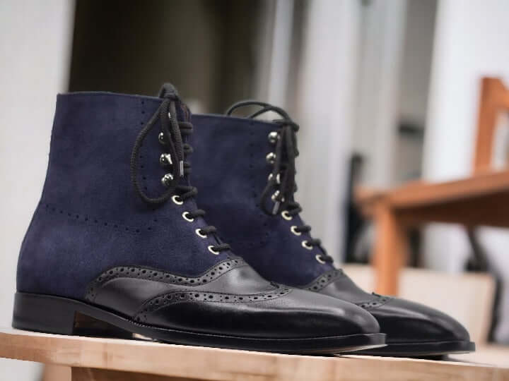 Handmade Blue Black Leather Suede Boot, Men's Wing Tip Lace Up Boot