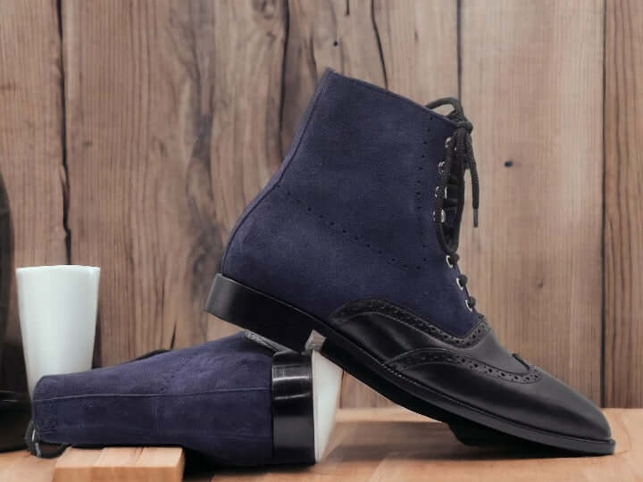 Handmade Blue Black Leather Suede Boot, Men's Wing Tip Lace Up Boot