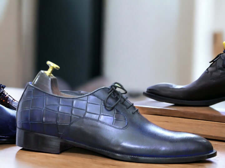 Handmade Bliue Alligator & Plain Leather Shoes, Men's Dress Lace Up Shoes