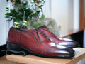 Handmade Burgundy Lace Up Leather Shoes, Wing Tip Brogue Shoes For Men's