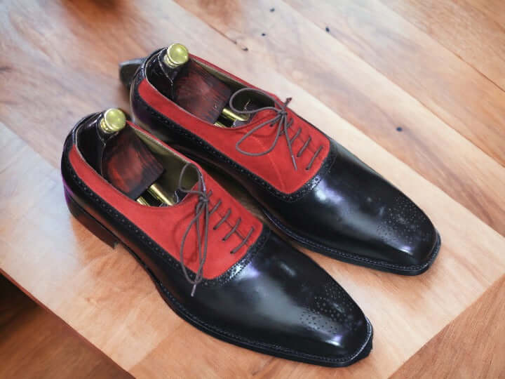 Handmade Black Burgundy Brogue Toe Lace Up Shoes, Men's Dress Leather Shoes