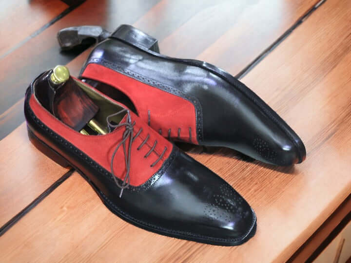 Handmade Black Burgundy Brogue Toe Lace Up Shoes, Men's Dress Leather Shoes