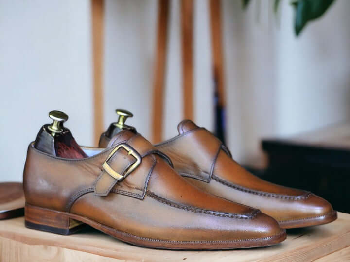 Handmade Brown leather Buckle Shoes, Men's Loafer Shoes