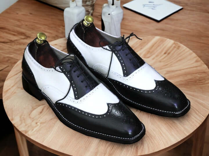 Men's Black & White Office Leather Shoes, Handpainted Lace Up Shoes