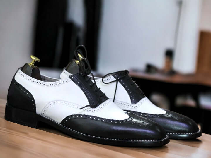 Men's Black & White Office Leather Shoes, Handpainted Lace Up Shoes