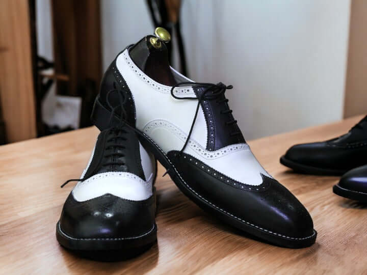 Men's Black & White Office Leather Shoes, Handpainted Lace Up Shoes