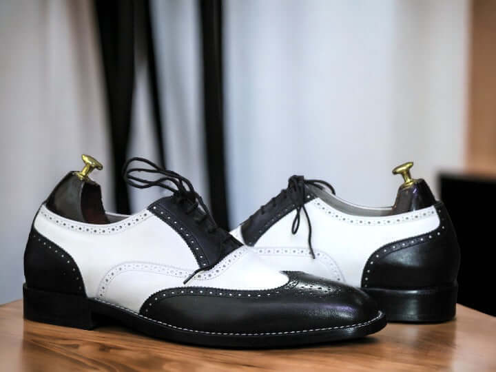 Men's Black & White Office Leather Shoes, Handpainted Lace Up Shoes