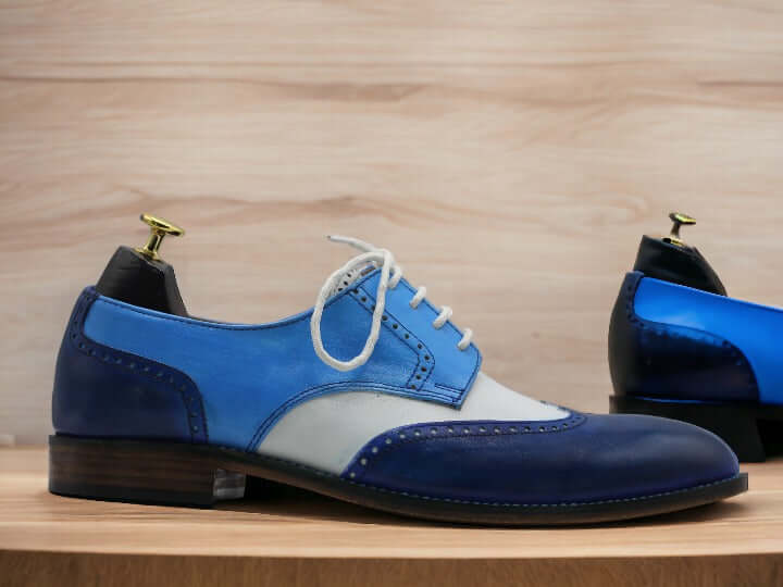 Handmade 3 Tone Blue Leather Lace Up Shoes, Men's Dress Shoes